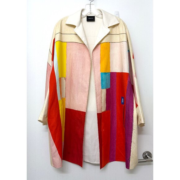 Akris Mural Print Open Front A Line Coat Jacket Red Beige Colorblock Geometric 6 - Picture 2 of 16